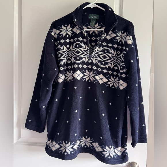 Ralph Lauren Fleece Blue and White Cowl Neck Sweater with Nordic Patterns - Picture 1 of 12